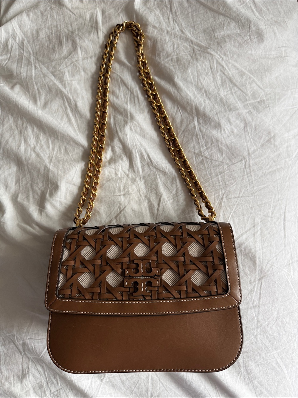 Tory Burch Brown Leather Woven Lattice Shoulder Bag with Gold Chain